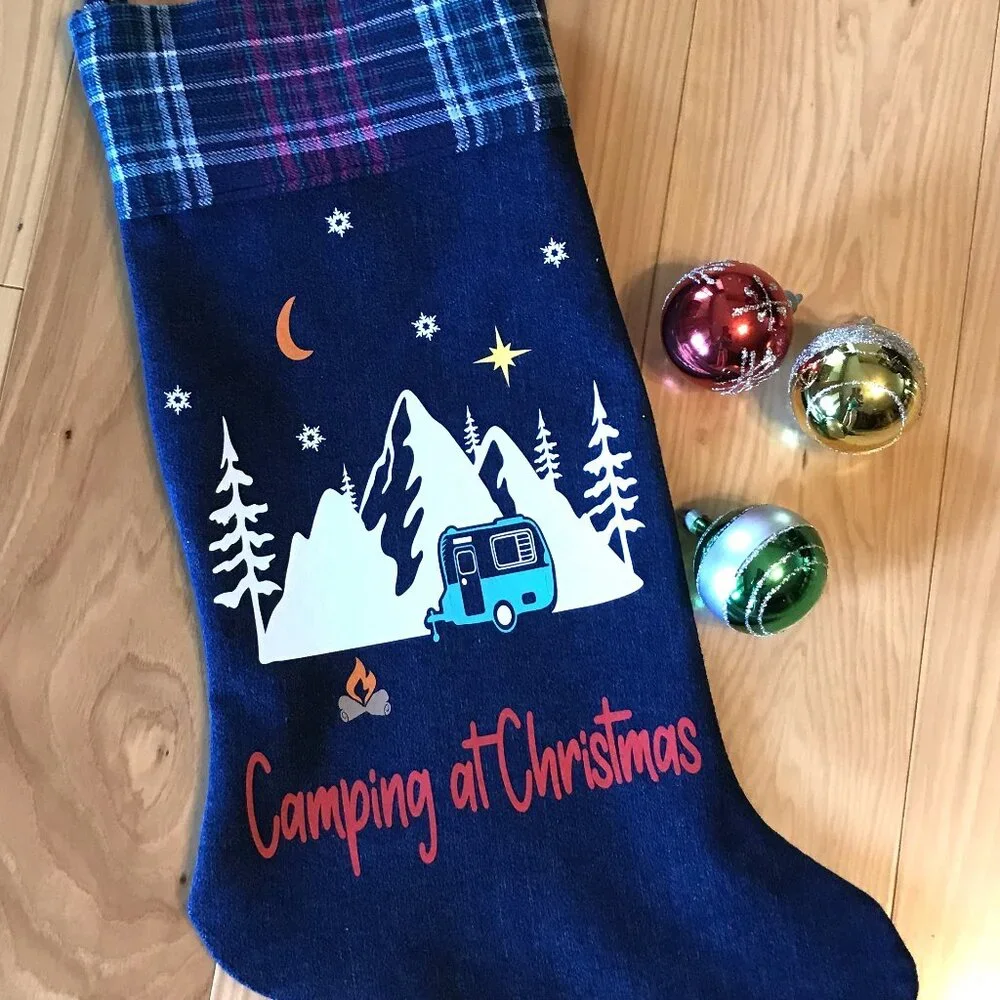 Recycled Denim Christmas Stocking, Mountains Cabin Decor Camping Fishing M-L